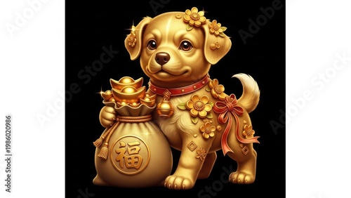 Golden puppy with money bag symbol of wealth and prosperity on black background