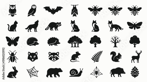 Nature and wildlife outline icons set – linear, silhouette, animal and forest symbols
