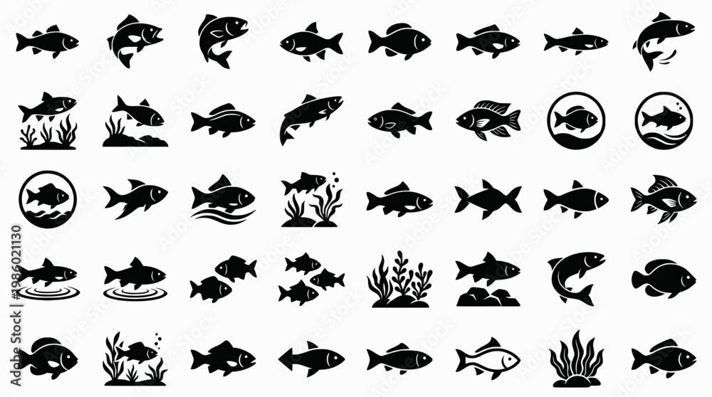 Fototapeta premium Collection of fish silhouettes in various styles and designs 