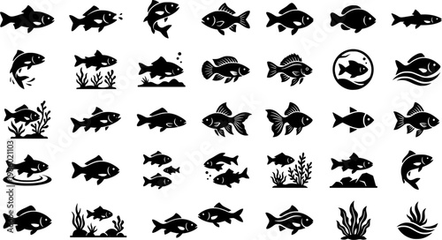 Collection of fish silhouettes in various styles and designs
