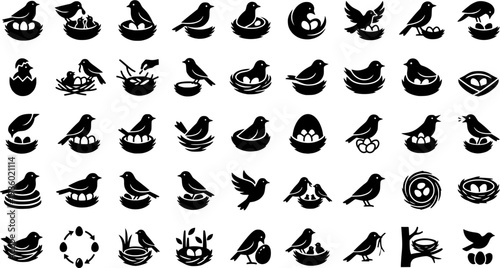 Variety of bird nest icons featuring birds with eggs in different stylized designs
