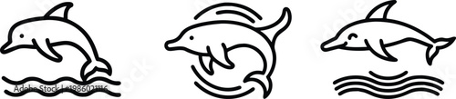 Cute Hand-Drawn Dolphin Icon Set, Playful Jumping Marine Mammal Line Art, Minimalist Dolphin Waves and Motion Graphics, Sketch Style Aquatic Vector Collection