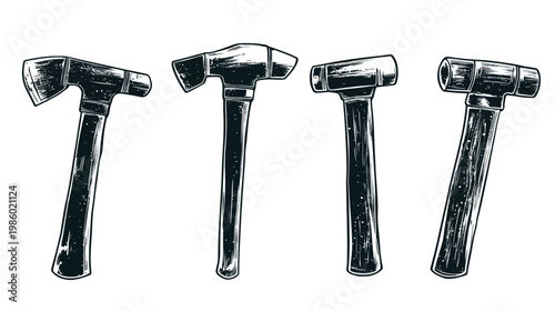 Four black and white illustrations of various hammers and an axe against a white background