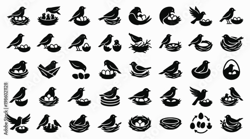Variety of bird nest icons featuring birds with eggs in different stylized designs
