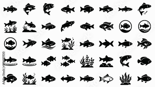Collection of fish silhouettes in various styles and designs
