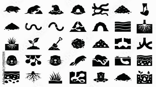 Mole Life Icons. Mole Animal Life. Solid icon set of Mole Animal Life: mole, digging paws, tunnel, dirt mound, worm, soil, whiskers, nose, grass, shovel,