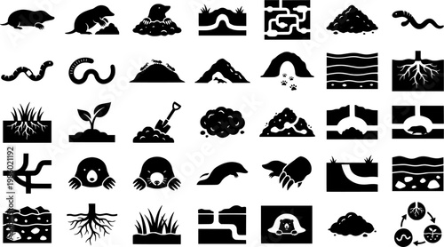 Mole Life Icons. Mole Animal Life. Solid icon set of Mole Animal Life: mole, digging paws, tunnel, dirt mound, worm, soil, whiskers, nose, grass, shovel,