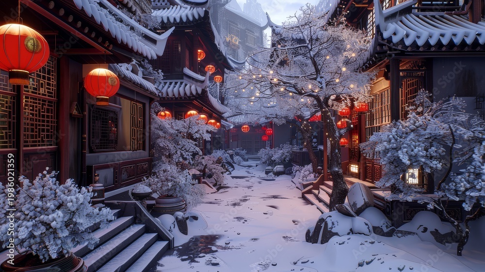 Obraz premium Snowy courtyard with red lanterns and traditional houses, festive winter scene in colorful cartoon 3D style
