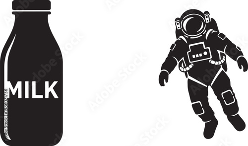 Black silhouette of a milk bottle with text and an astronaut floating in space.