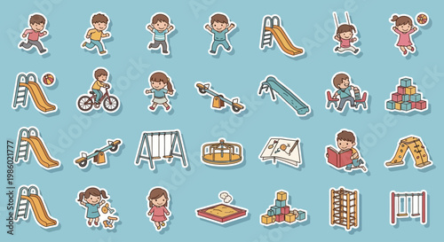 Colorful cartoon playground equipment icons set.
