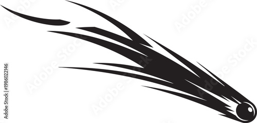 Black silhouette of a comet with long tail, space object, cosmic.