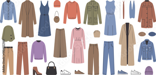 Fashion clothes set with garments and accessories for men and women, modern casual apparel collection, flat vector illustration isolated