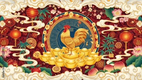 Golden rooster illustration with chinese new year decorations and symbols