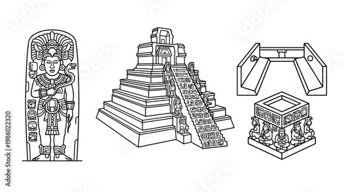 Outlined Ancient Mayan Architecture Set