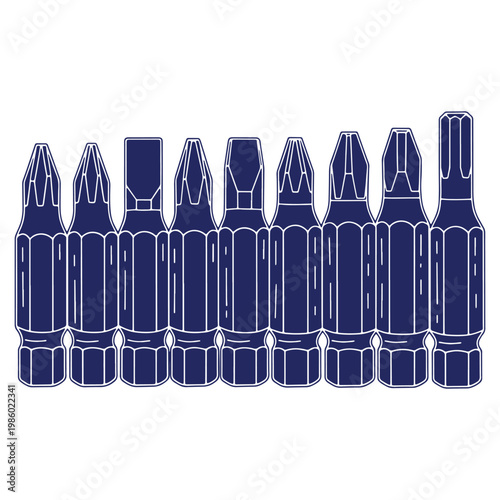 Line Art Illustration of Various Screwdriver Bits for Hand Tools and Power Tools for Construction and Maintenance