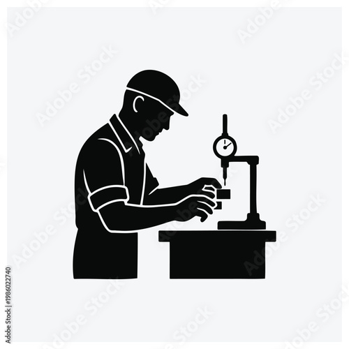 Silhouette illustration of an engineer operating a lathe machine at a workbench.