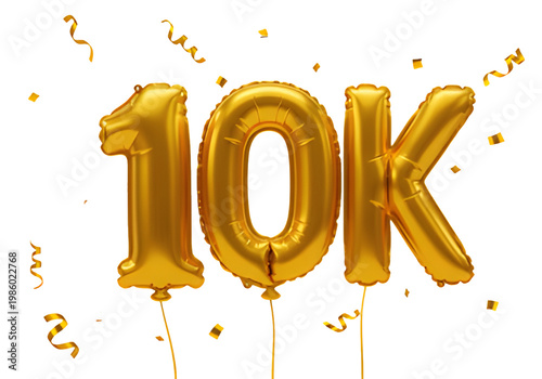 Golden balloons, 10k celebration, confetti, achievement milestone, shiny gold numbers