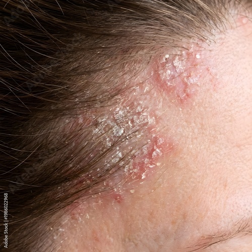 Close up of dry, flaky skin at the hairline showing symptoms of scalp psoriasis or dermatitis
