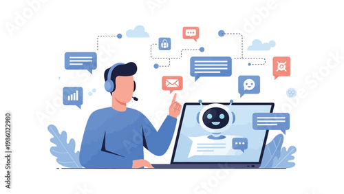 AI chatbot customer support with human agent flat vector illustration
