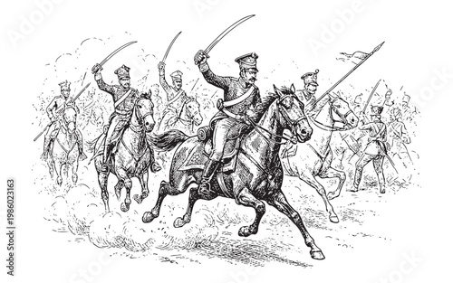 Vintage Engraving of a Military Cavalry Charge with Soldiers on Horses