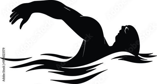 Black silhouette of swimmer in water, horizontal view vector illustration