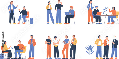 People at work in office collection with businesspeople using computers, teamwork discussion, projects and company workflow flat vector illustration