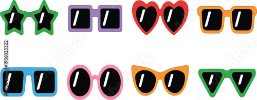 Groovy retro cartoon sunglasses collection with funky comic elements, 60s 70s 80s hippie style flat vector illustration set