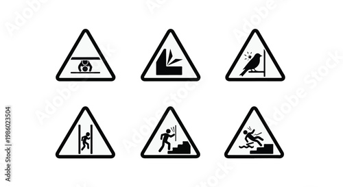 Collection of six black and white warning signs with pictograms depicting various safety hazards and instructions