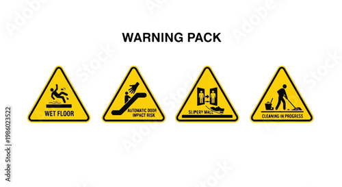 Collection of four yellow triangular warning signs indicating safety hazards like wet floors and cleaning in progress