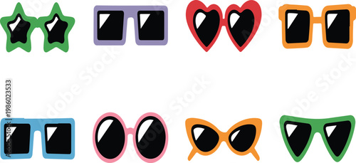 Groovy retro cartoon sunglasses collection with funky comic elements, 60s 70s 80s hippie style flat vector illustration set
