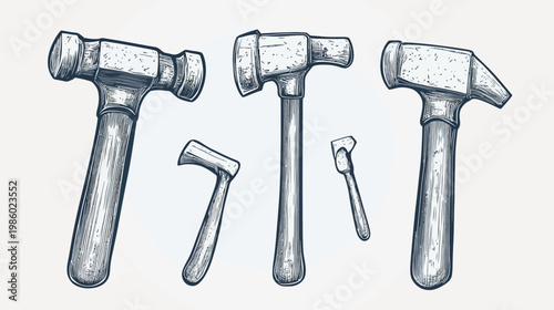 Monochrome illustration of various hammer types and small hatchets on a white background