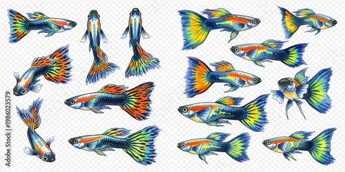 Set of colorful guppy fish with beautiful tails in various poses, isolated on a transparent background.