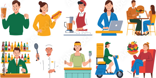 Restaurants and street food concept with diverse cuisine vendors, fast food stalls, urban dining culture flat vector illustration set