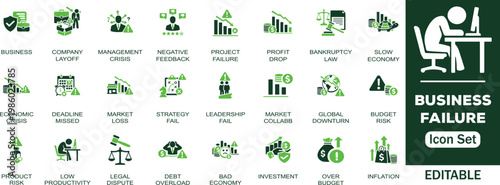 Business failure editable solid icon set. Containing bankruptcy, management crisis, market loss, strategy, financial crisis, money leak, debt, no money, recession   and more vector icons collection.