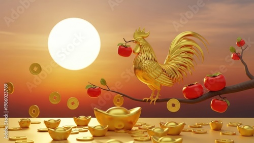 Golden rooster symbol holding red fruit in a sunset landscape