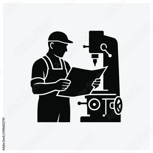 Cartoon silhouette of a craftsman using a lathe or machine tool for metalworking or carpentry.