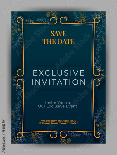 Exclusive gold line invitation card with floral background and chinese royal theme elegant luxury design for wedding reception gala dinner and premium event
