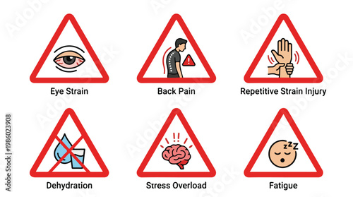 Warning signs illustrating common workplace health hazards like eye strain, back pain, and stress overload