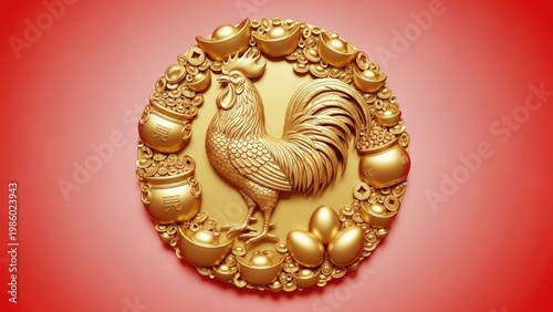 Golden rooster symbol surrounded by gold ingots and eggs on a red background