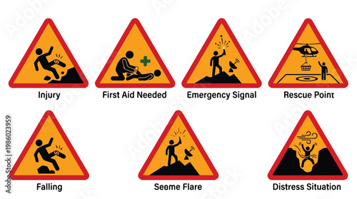 Set of safety warning signs depicting emergency situations like injury, first aid, rescue, and distress