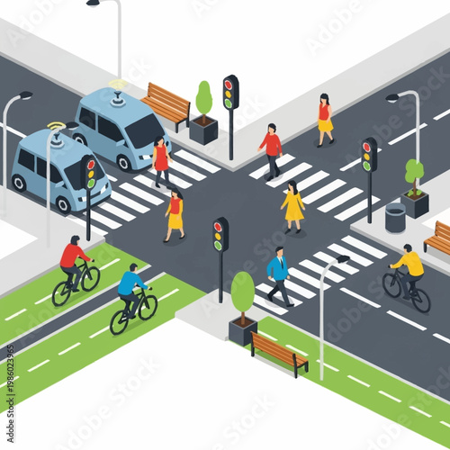 Urban intersection with autonomous vehicles and cyclists.