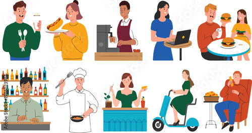 Restaurants and street food concept with diverse cuisine vendors, fast food stalls, urban dining culture flat vector illustration set