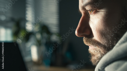 Close up portrait of a thoughtful man gazing out the window in soft natural light. The contemplative mood and subtle shadows create an introspective and emotional atmosphere