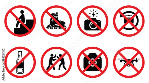 Collection of prohibition signs indicating forbidden activities like no entry, no rollerblading, no photography, no