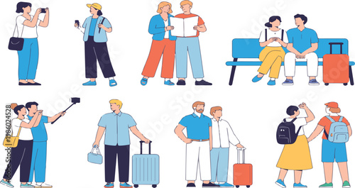 Set of couple and friends tourists on summer vacation, man and woman traveling together, holiday trip flat vector illustration