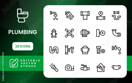 Plumbing icon set. Professional clogged drain and plunger symbol graphics in a clean line icon bundle designed for quick identification in service apps.