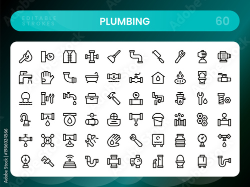 Plumbing icon set. Modern shower head and luxury bathroom fixture designs in a unique line icon bundle that balances technical accuracy with refined style.