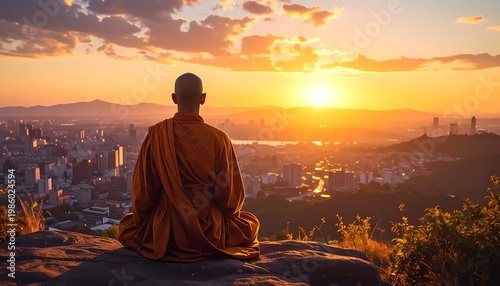 A serene monk overlooking a city at sunset (1)