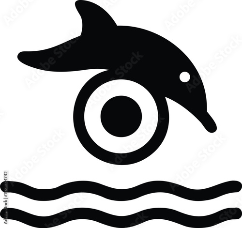 Abstract Dolphin and Wheel Logo, Creative Marine Tech Vector Icon, Minimalist Jumping Dolphin Silhouette with Circular Lens, Aquatic Symbol