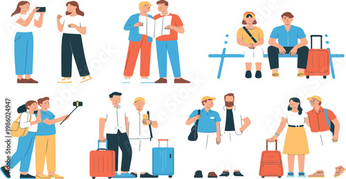 Set of couple and friends tourists on summer vacation, man and woman traveling together, holiday trip flat vector illustration